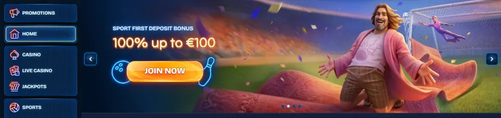 DudeSpin Casino – menu kasyna i sportu oraz baner na stronie głównej